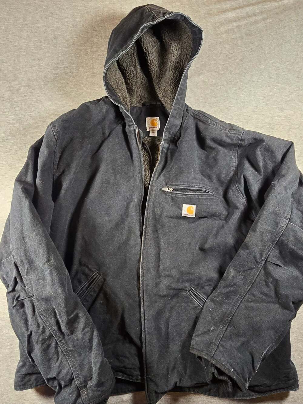Vintage Carhartt WJ141 Sherpa-Lined Washed Duck Hooded Jacket Black